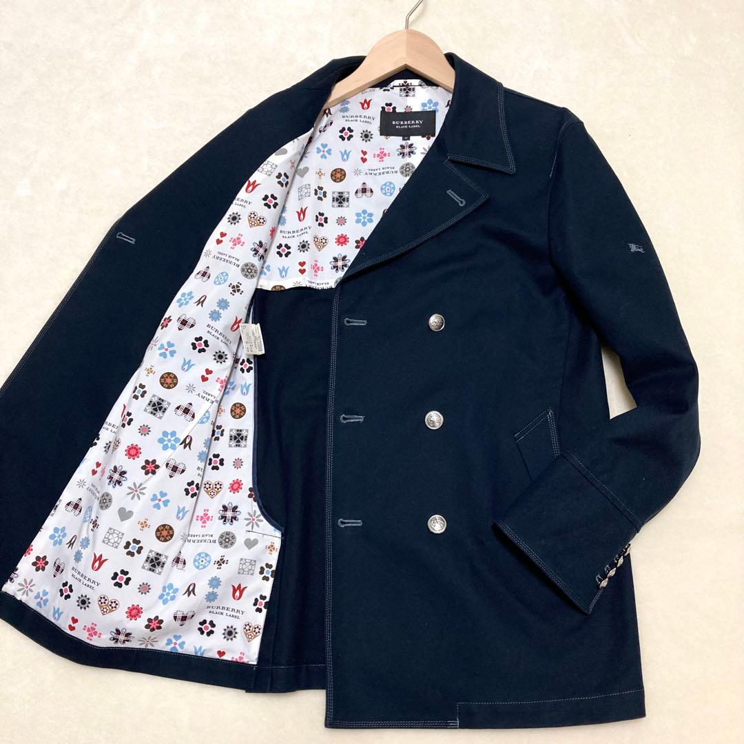 バーバリーブラックレーベル ピーコート ナポレオンコート 裏地総柄 銀ボタン 紺