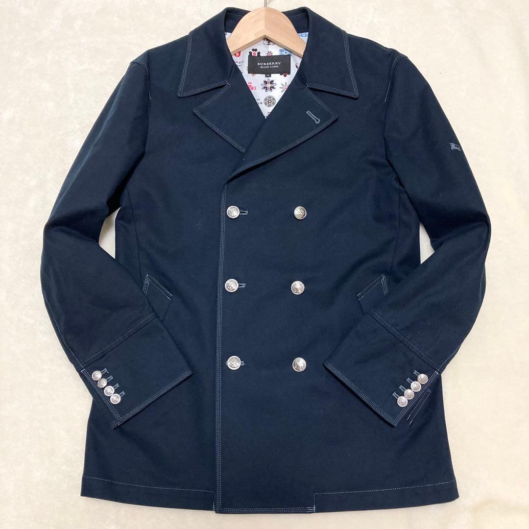 バーバリーブラックレーベル ピーコート ナポレオンコート 裏地総柄 銀ボタン 紺