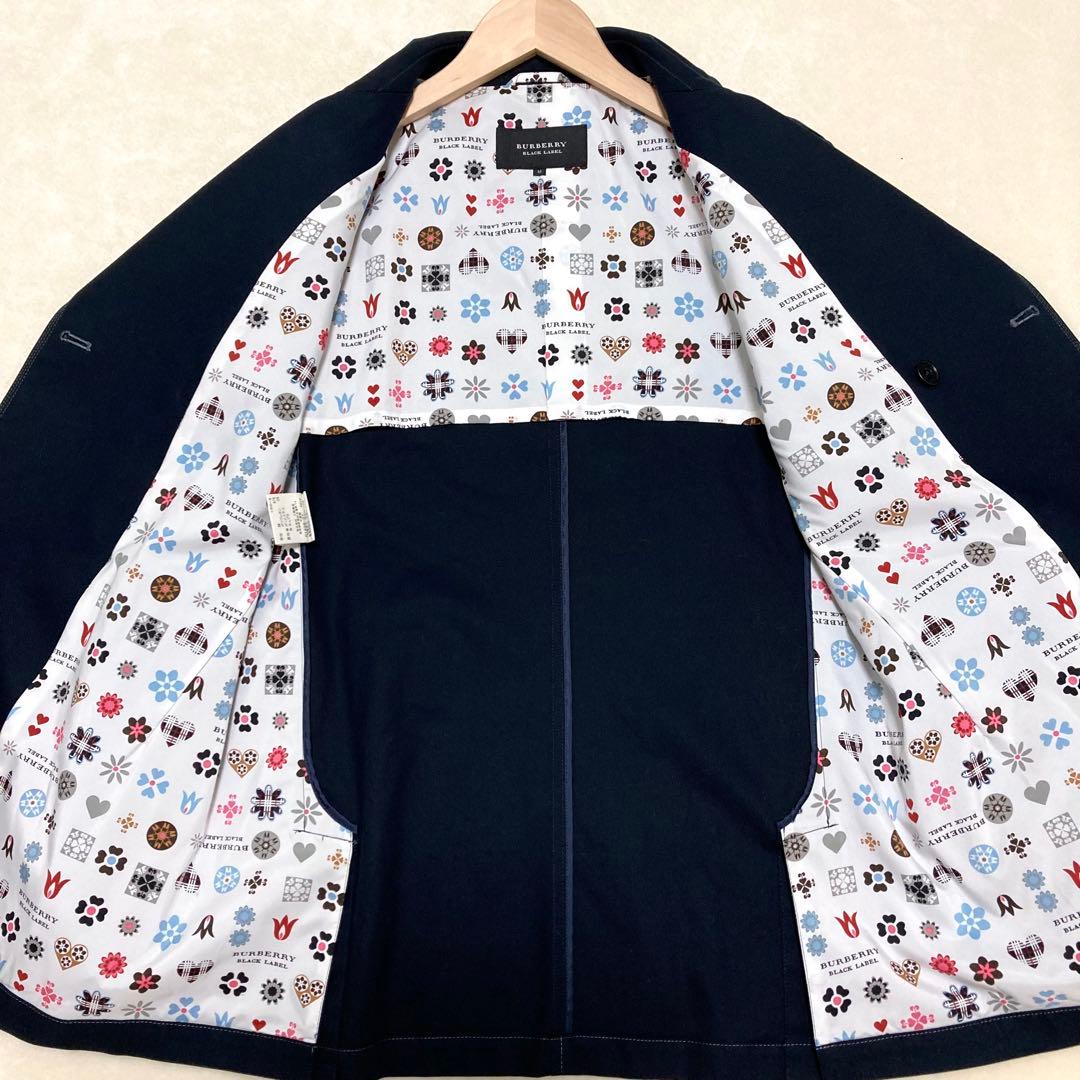 バーバリーブラックレーベル ピーコート ナポレオンコート 裏地総柄 銀ボタン 紺