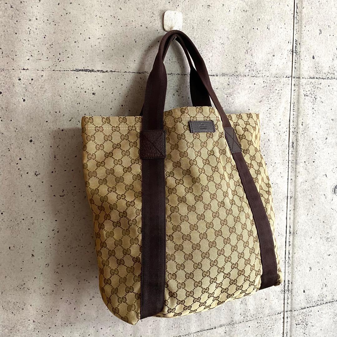本物☆グッチ GG柄 キャンバス トートバッグ ハンドバッグ ブラウン A4可能