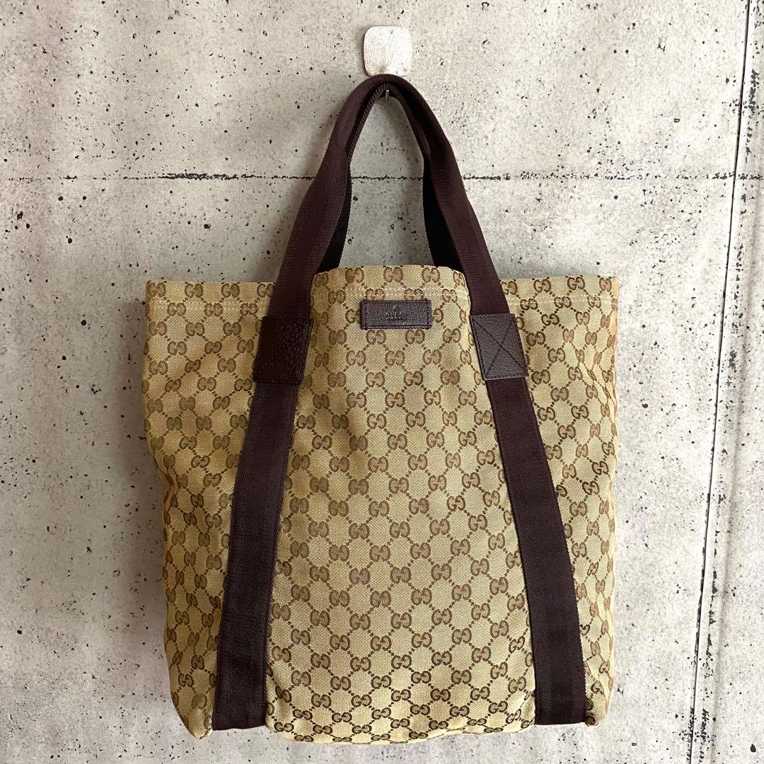 本物☆グッチ GG柄 キャンバス トートバッグ ハンドバッグ ブラウン A4可能