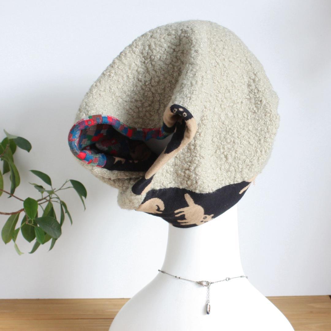 TOHIKO　ものすごい幅広ターバン ネコ＆ブロックチェック＆ループボア