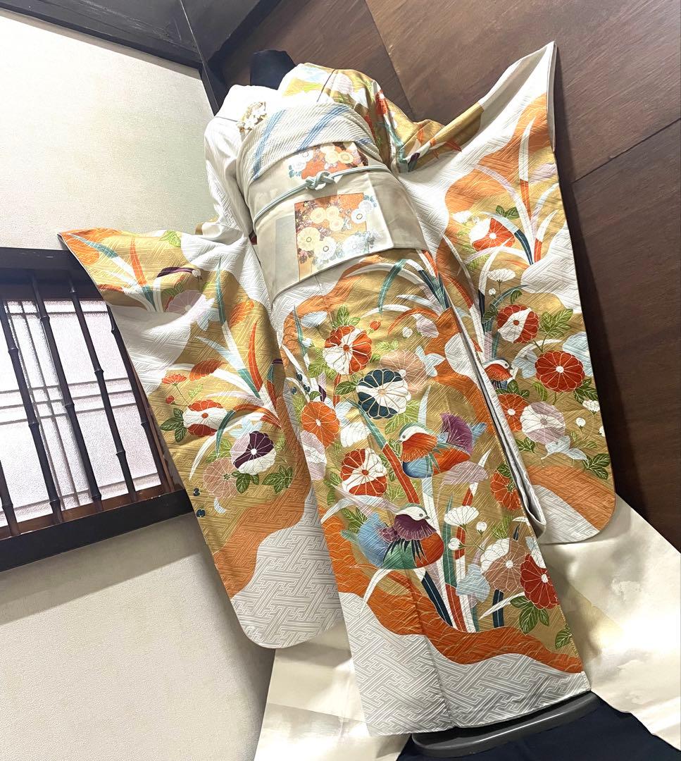 振袖フルセット6点M〜Ｌサイズ　正絹　鴛鴦花文　売り切り終了