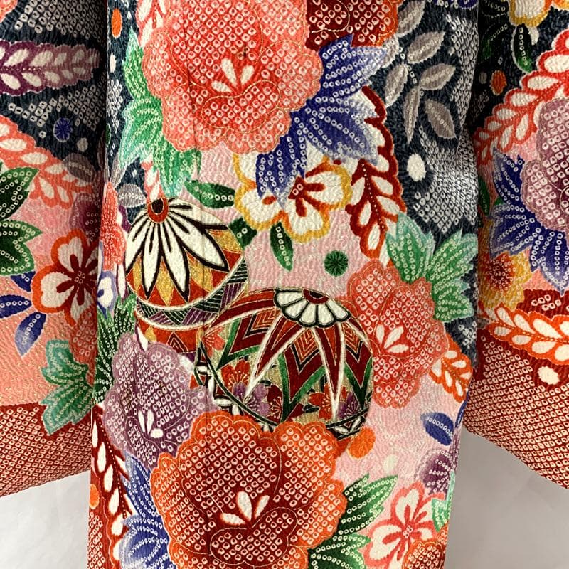 508ag22□七五三 七歳 女児 着物&袋帯&長襦袢 総絞風 毬 花□良好