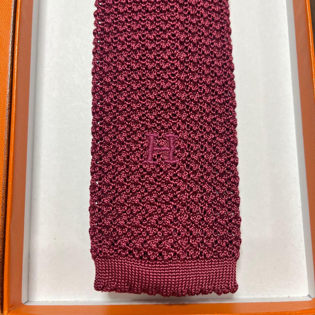 美品　エルメス　ネクタイ　赤紫　H柄 無地　ニットタイ　シルク