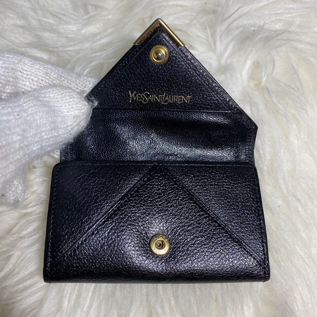 イブサンローラン　カサンドラロゴ型押し 三角プレート キーケース　ブラック