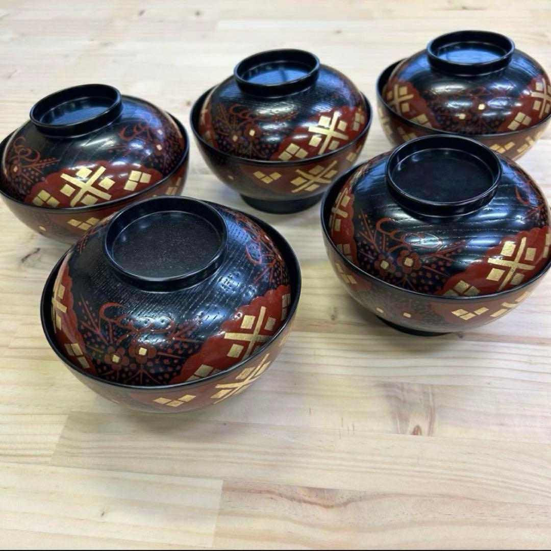 輪島塗り 木製 椀 5客揃 お椀 吸物椀 汁椀 懐石 漆器 漆塗 和食器 蒔絵