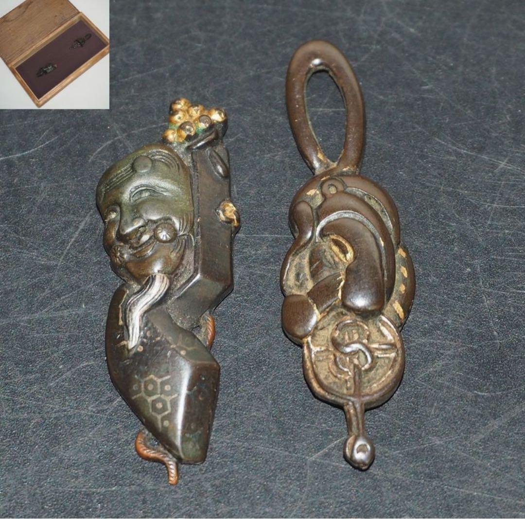 送料無料　江戸時代　目貫2点　刀装具　木箱付