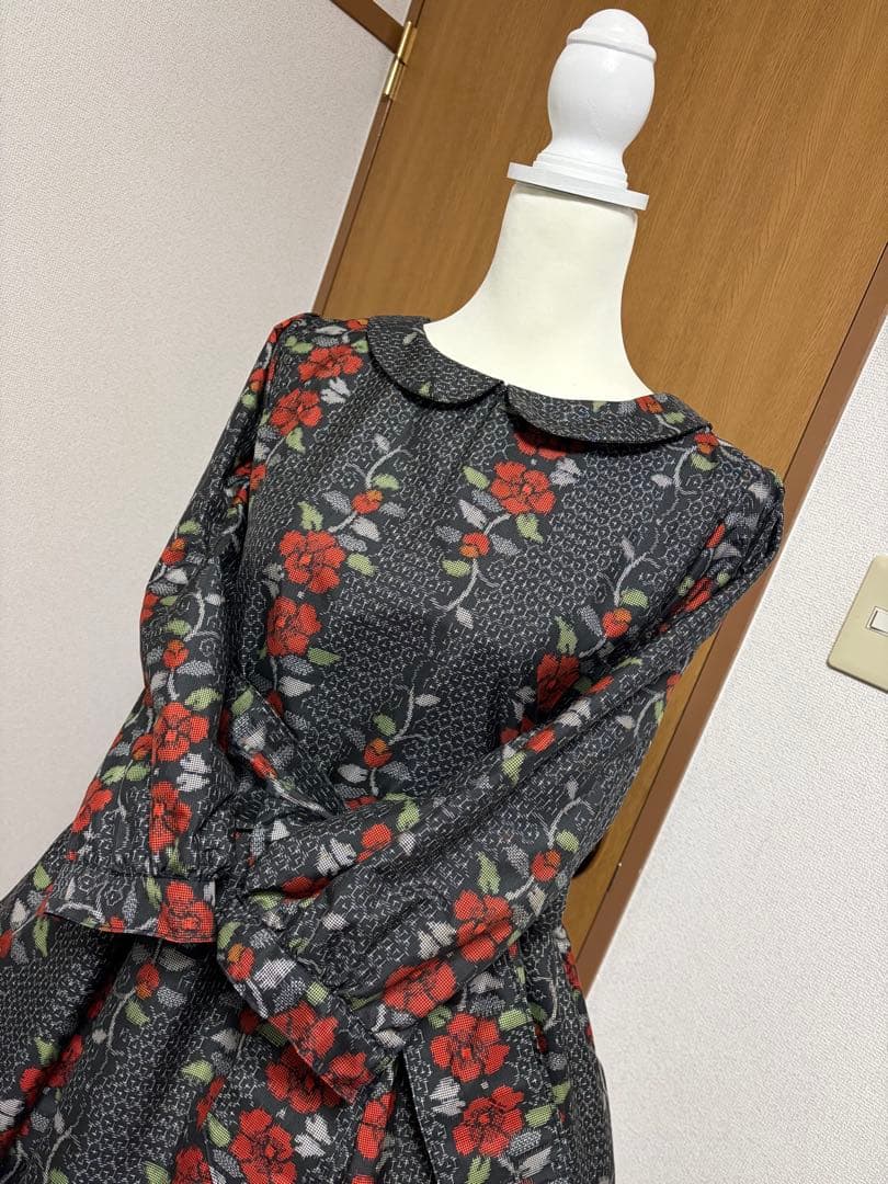 着物リメイク♪ 大島紬　ふんわりワンピース　花模様　MーL 総裏地付き♪