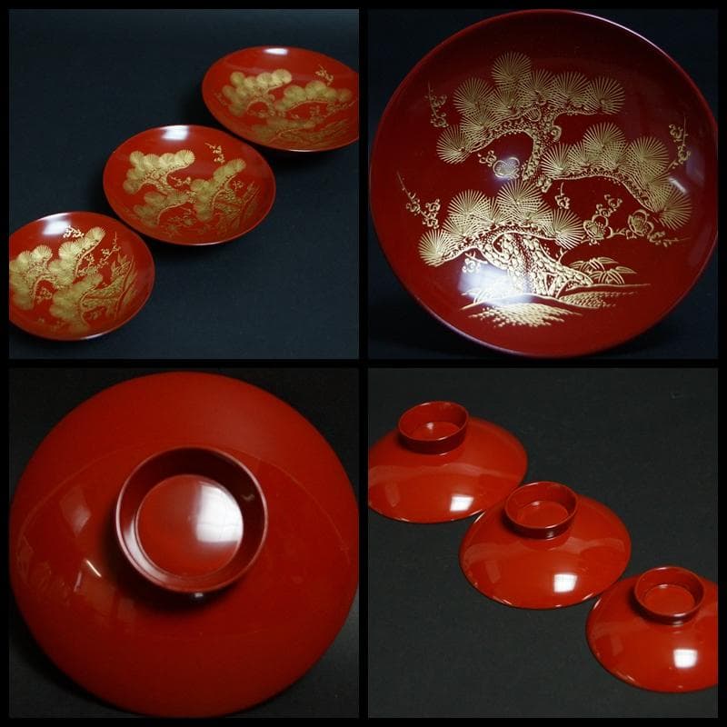 輪島塗 木製御屠蘇セット金蒔絵沈金『松竹梅鶴亀』銚子/杯(3客)/杯台 台共箱☆