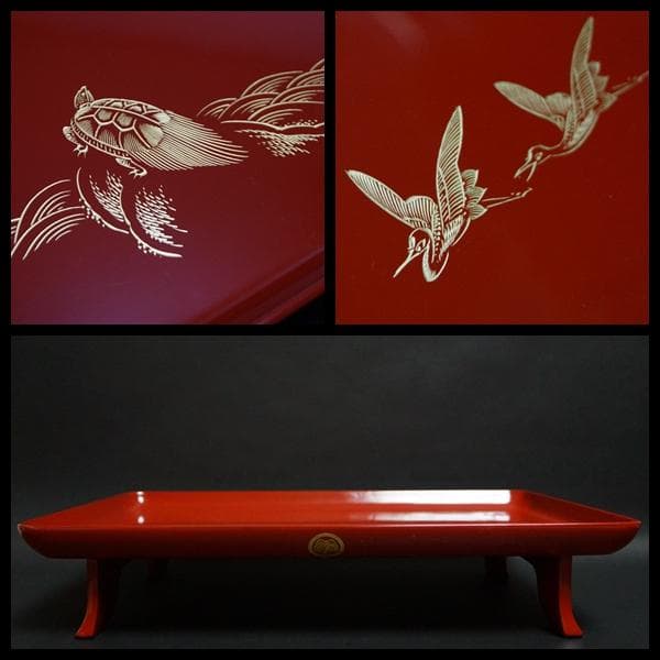 輪島塗 木製御屠蘇セット金蒔絵沈金『松竹梅鶴亀』銚子/杯(3客)/杯台 台共箱☆