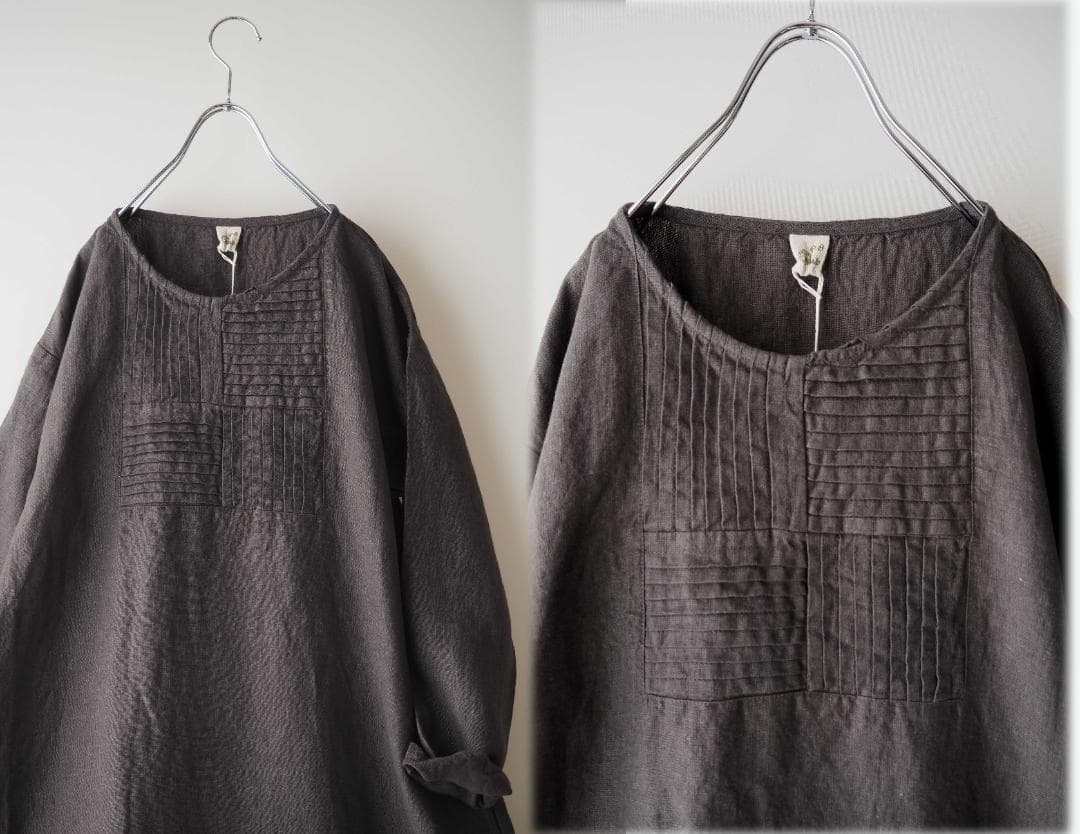 ひろみ～　チャコールグレー*縦横タックプリーツワンピース　麻1070