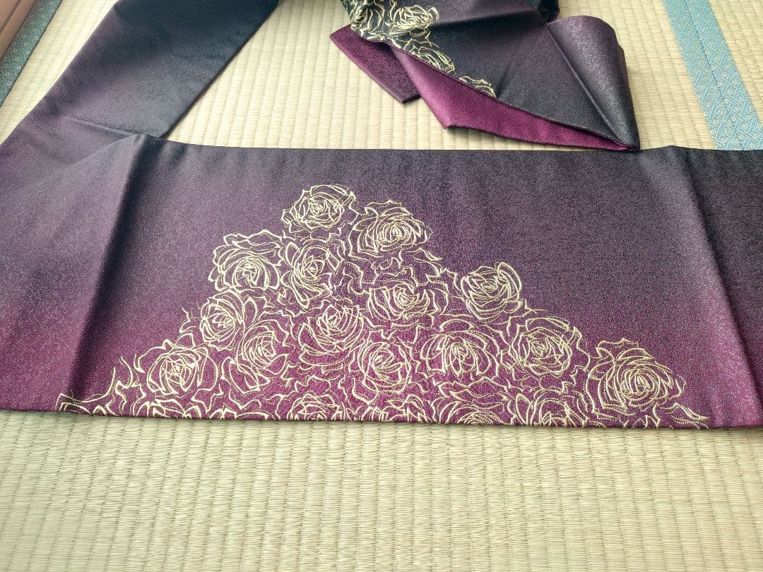 【中古】金彩　名古屋帯　薔薇　ボルドー赤紫グラデーション