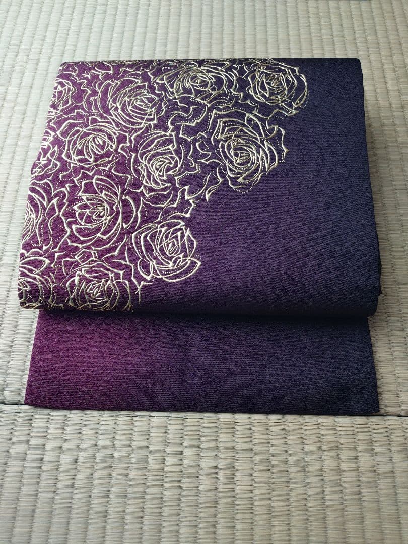 【中古】金彩　名古屋帯　薔薇　ボルドー赤紫グラデーション