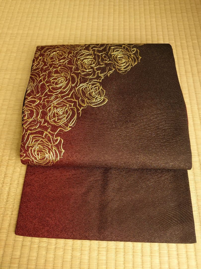 【中古】金彩　名古屋帯　薔薇　ボルドー赤紫グラデーション