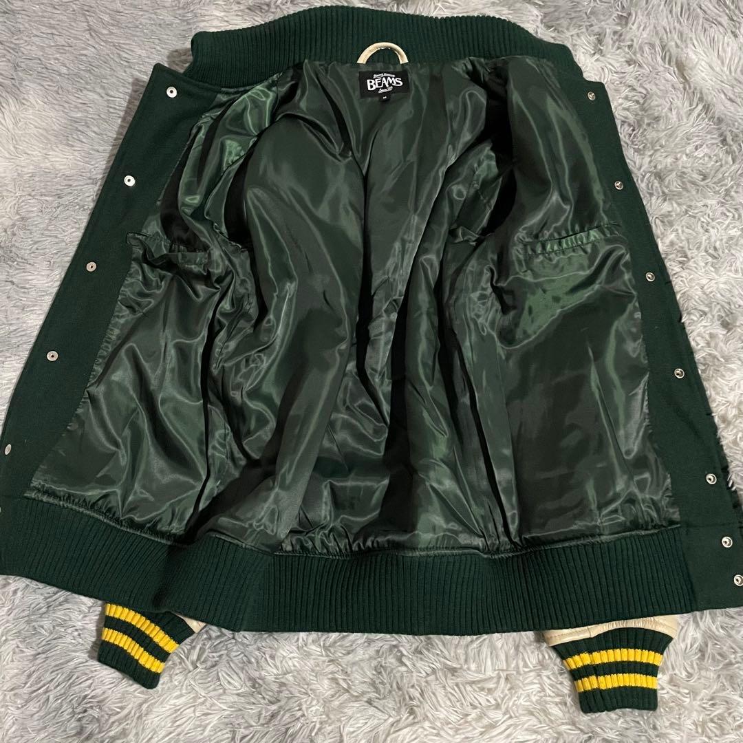 【美品】BEAMS スタジャン レザー 人気カラー グリーン/イエロー M
