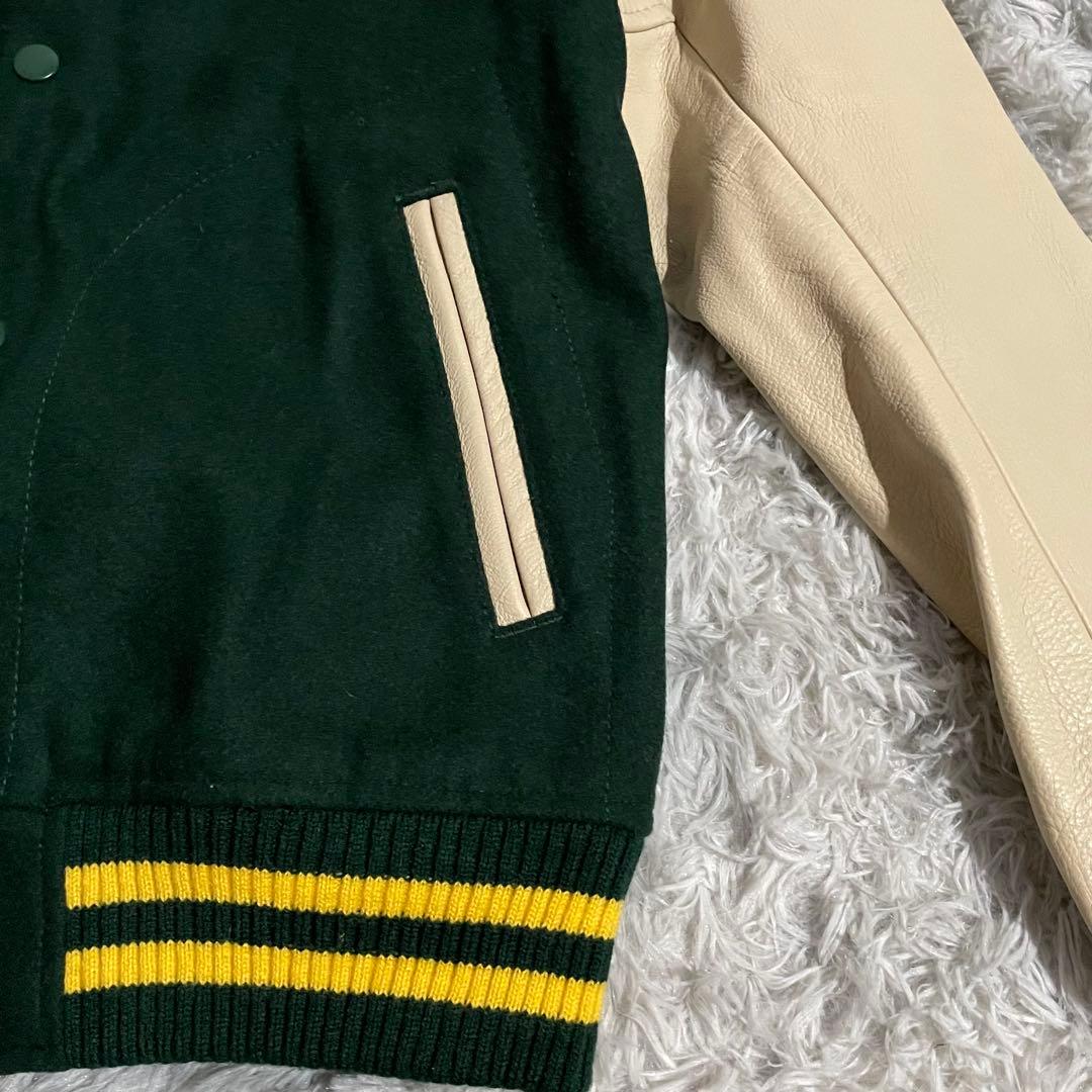 【美品】BEAMS スタジャン レザー 人気カラー グリーン/イエロー M