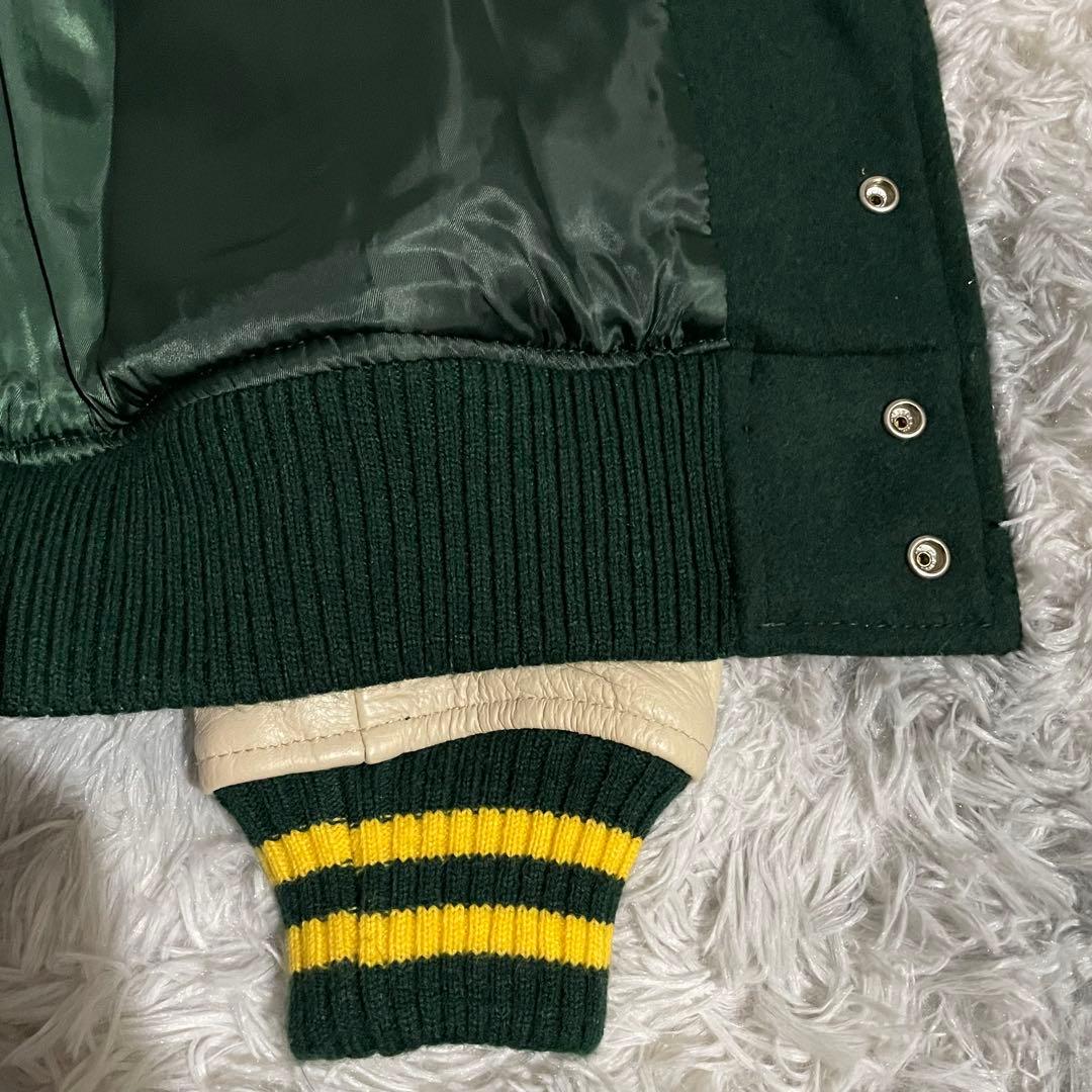 【美品】BEAMS スタジャン レザー 人気カラー グリーン/イエロー M