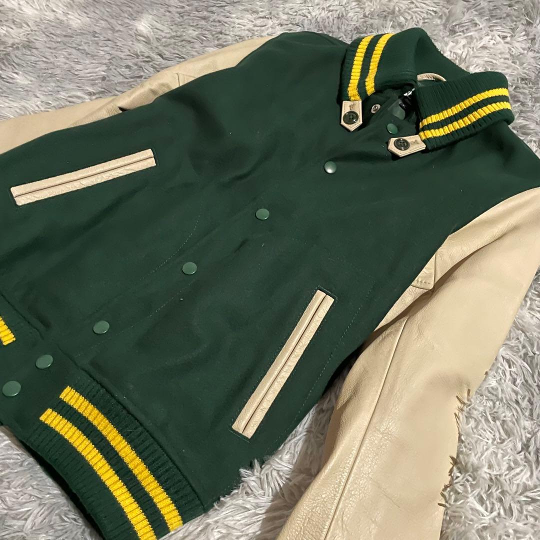【美品】BEAMS スタジャン レザー 人気カラー グリーン/イエロー M