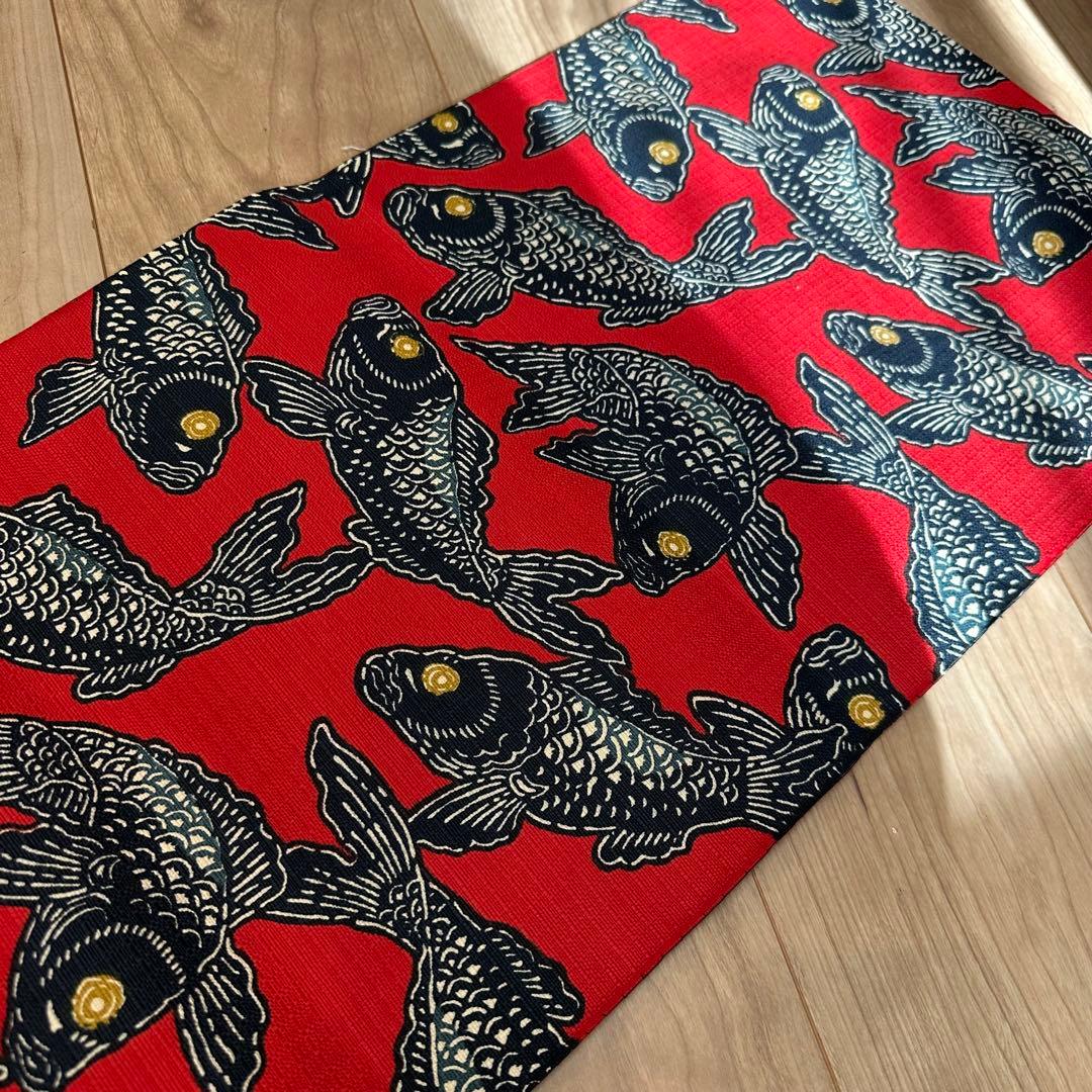超美品　正絹　着物 和服　名古屋帯　赤　紺　鯉　371 アンティーク　個性的