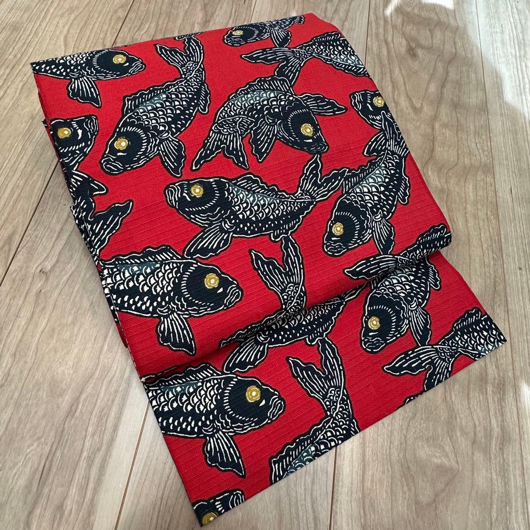 超美品　正絹　着物 和服　名古屋帯　赤　紺　鯉　371 アンティーク　個性的