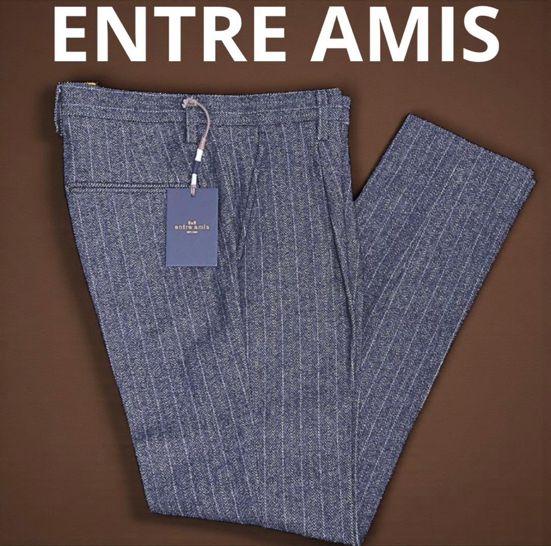 アントレアミ ストライプ スラックス 28 コットンウール ストレッチ ネイビー