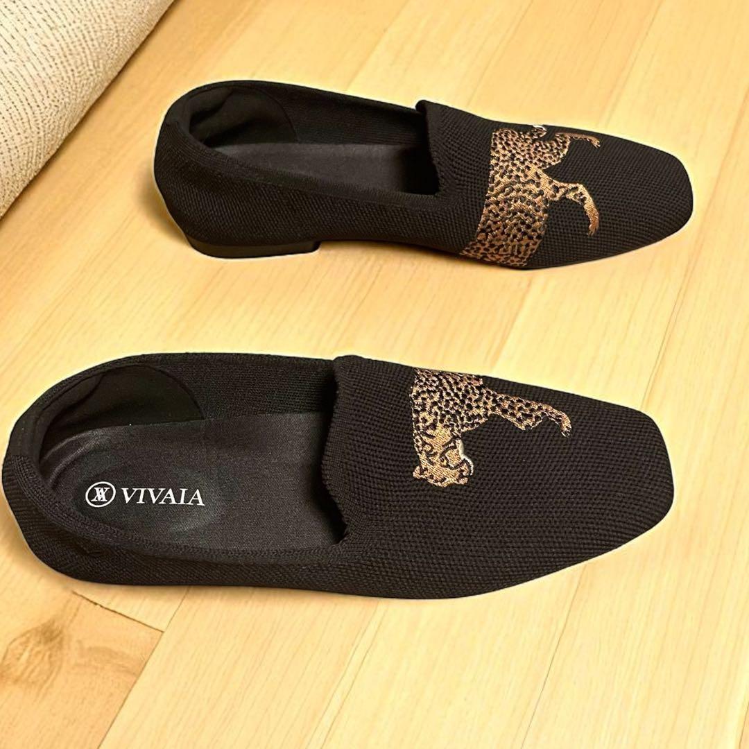 美品 VIVAIA スクエアトゥ ニット パンプス チーター ブラック　37