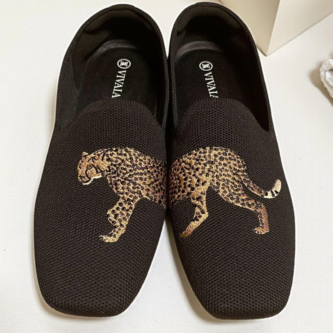 美品 VIVAIA スクエアトゥ ニット パンプス チーター ブラック　37