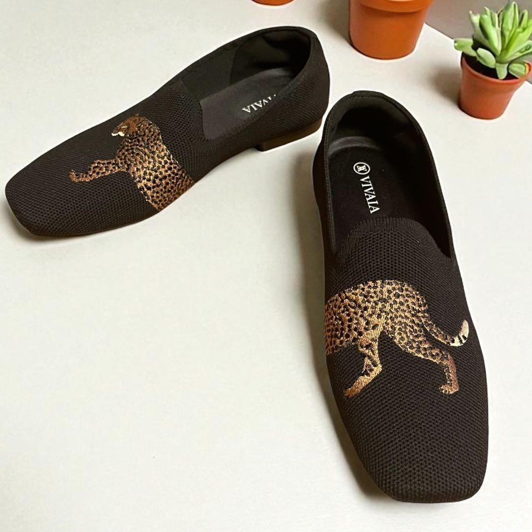 美品 VIVAIA スクエアトゥ ニット パンプス チーター ブラック　37