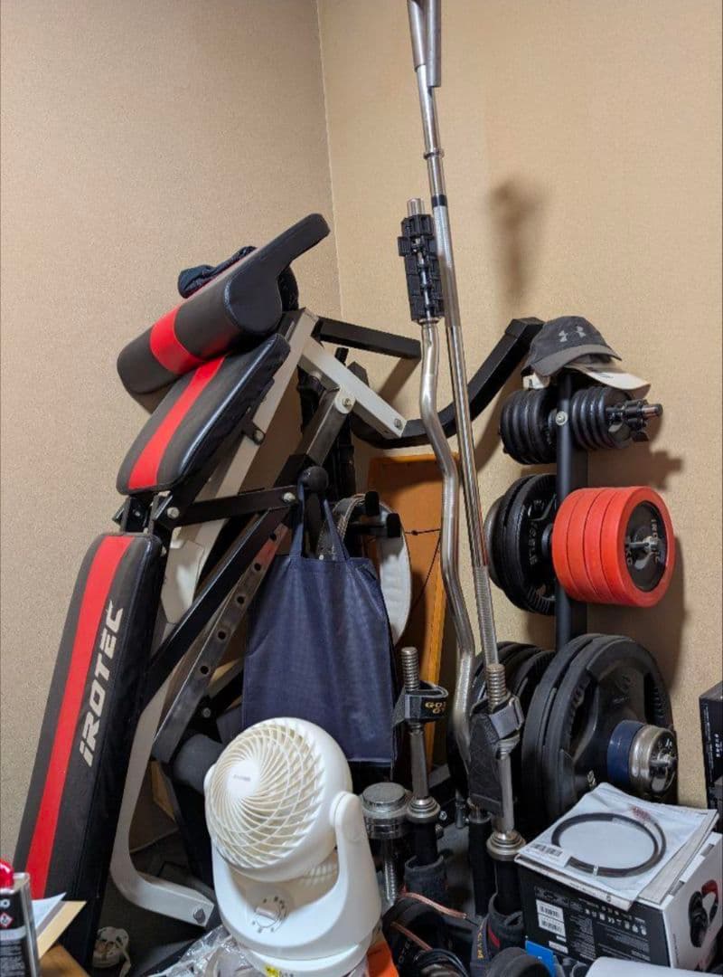 【アイロテック他】トレーニングベンチ バーベル他ウェイトは計100キロ以上