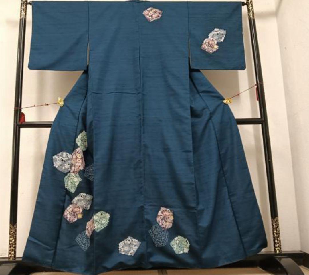 着物リメイク　訪問着紬地　草花文　から作務衣　長身の方でも股下80センチまで可能