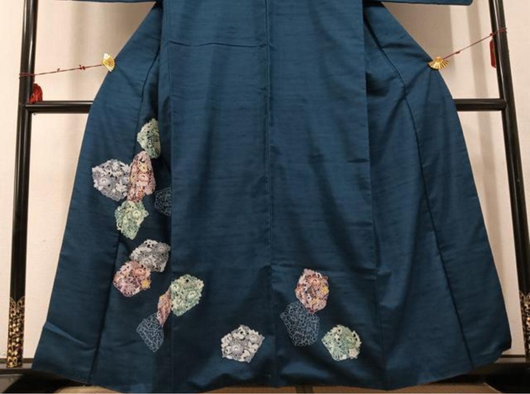 着物リメイク　訪問着紬地　草花文　から作務衣　長身の方でも股下80センチまで可能
