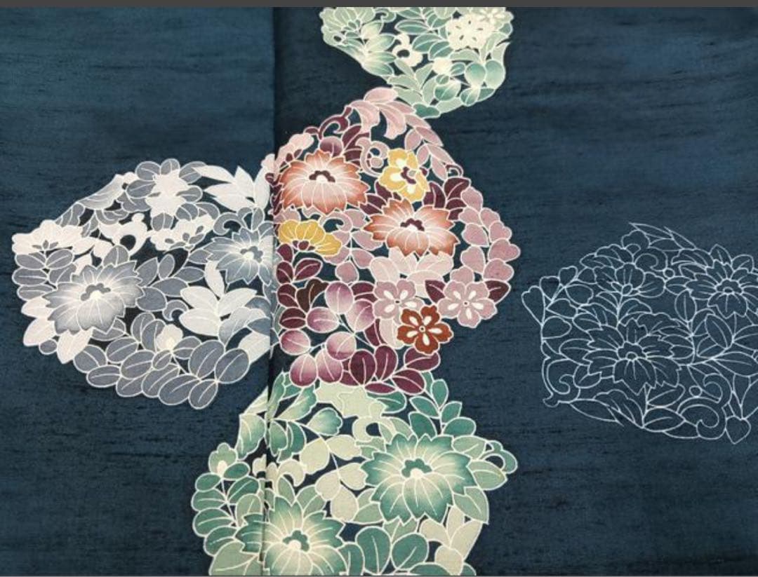 着物リメイク　訪問着紬地　草花文　から作務衣　長身の方でも股下80センチまで可能