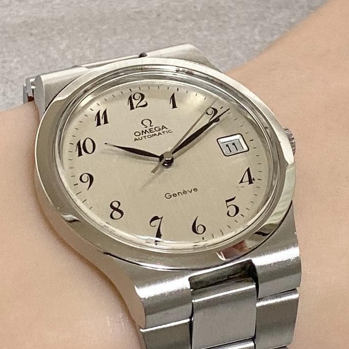 OH済 希少ダイヤル オメガ ジュネーブ アラビアインデックス シルバー AT