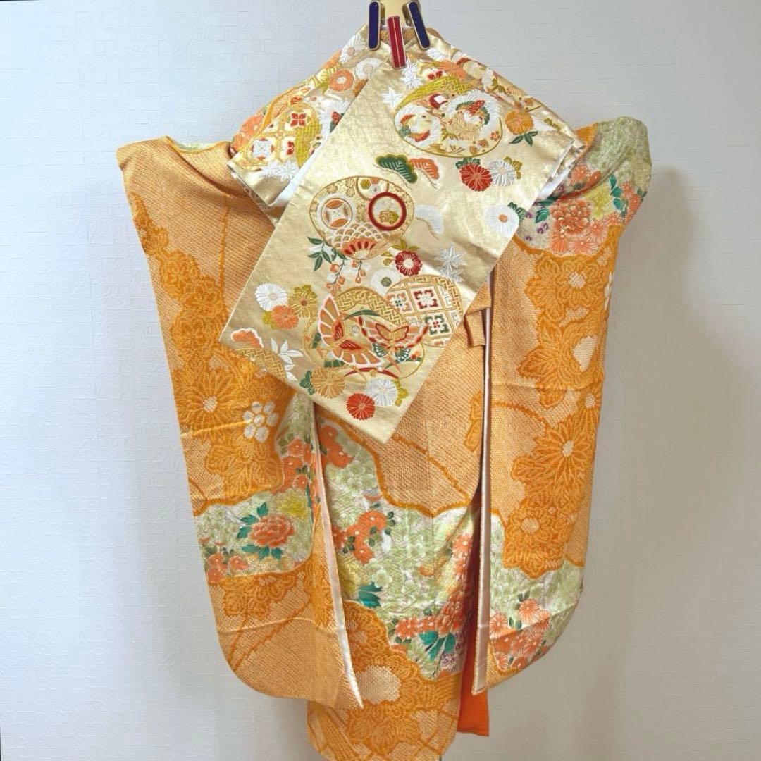 465 振袖フルセット 正絹 オレンジ 橙 金彩 絞り 駒刺繍 華やか ビビット