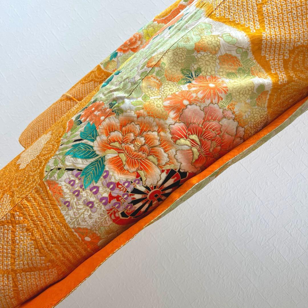 465 振袖フルセット 正絹 オレンジ 橙 金彩 絞り 駒刺繍 華やか ビビット