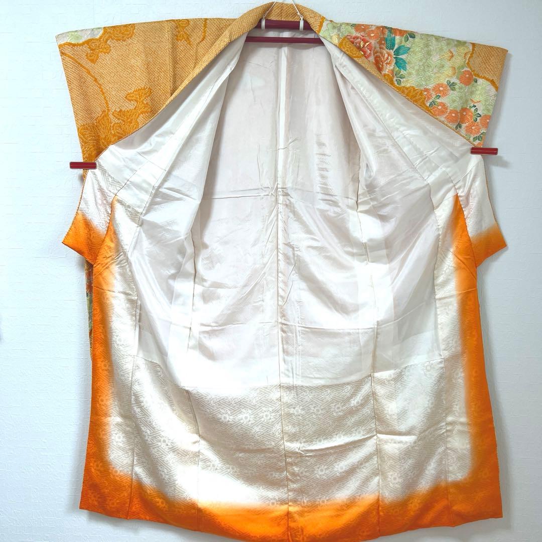 465 振袖フルセット 正絹 オレンジ 橙 金彩 絞り 駒刺繍 華やか ビビット