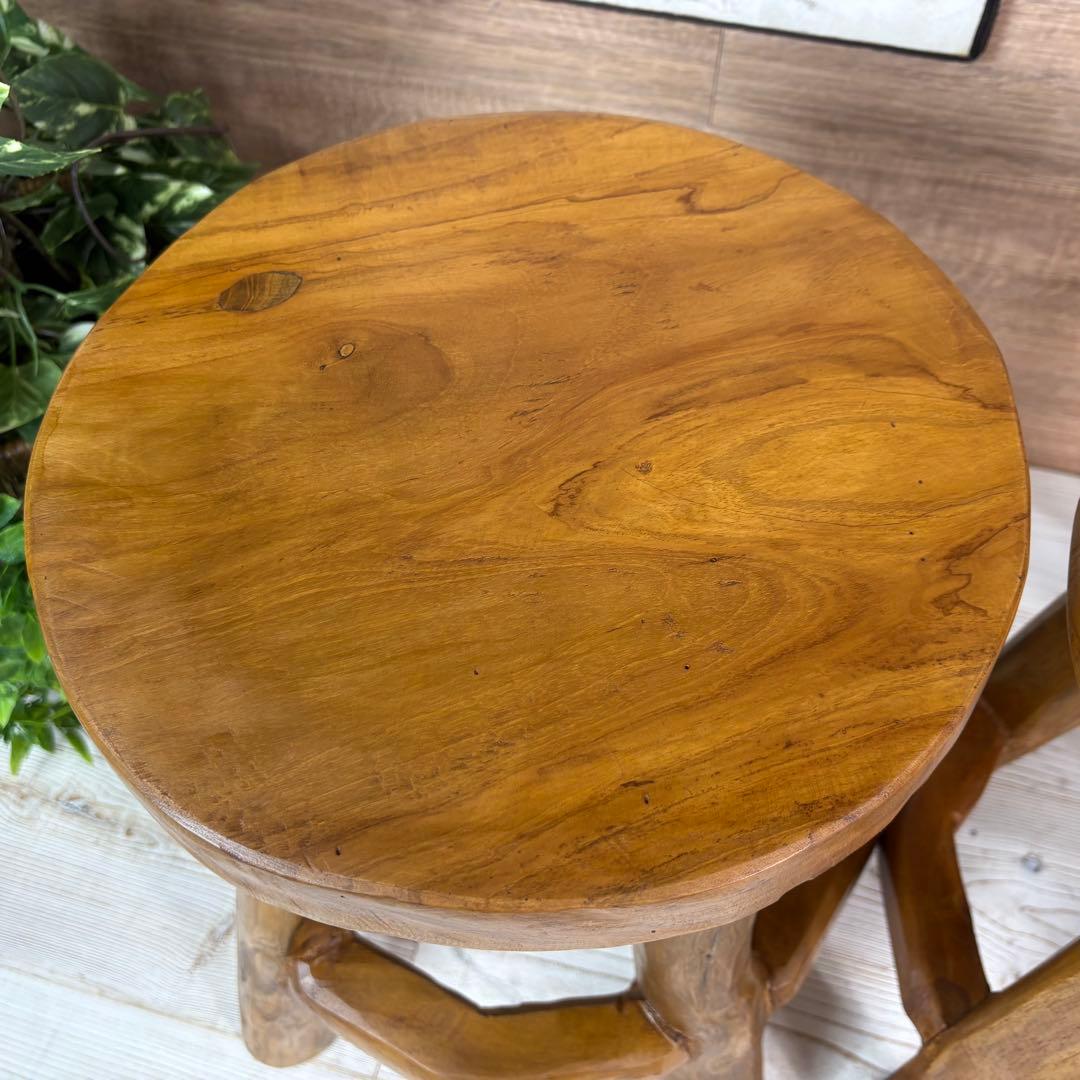 オールドチーク天然無垢極太丸木脚丸スツールM二脚セット木製天然無垢椅子花台チェア