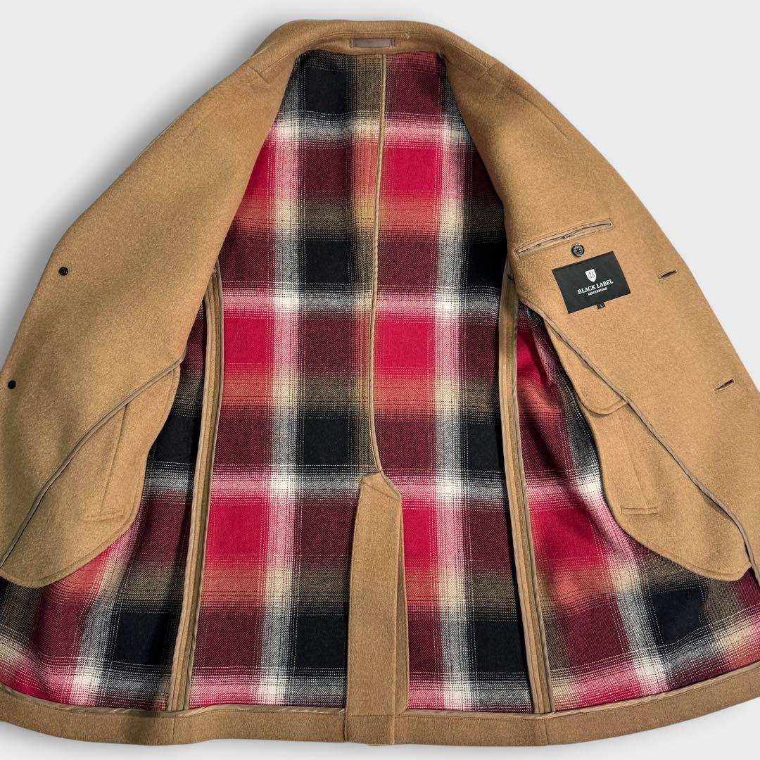 美品 L ブラックレーベルクレストブリッジ チェスターコート キャメル チェック