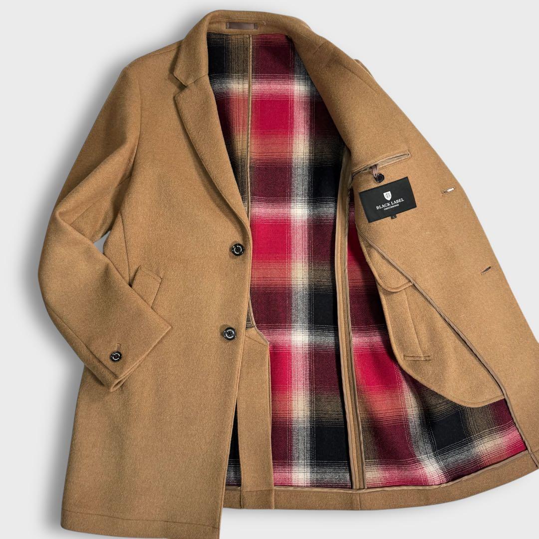 美品 L ブラックレーベルクレストブリッジ チェスターコート キャメル チェック