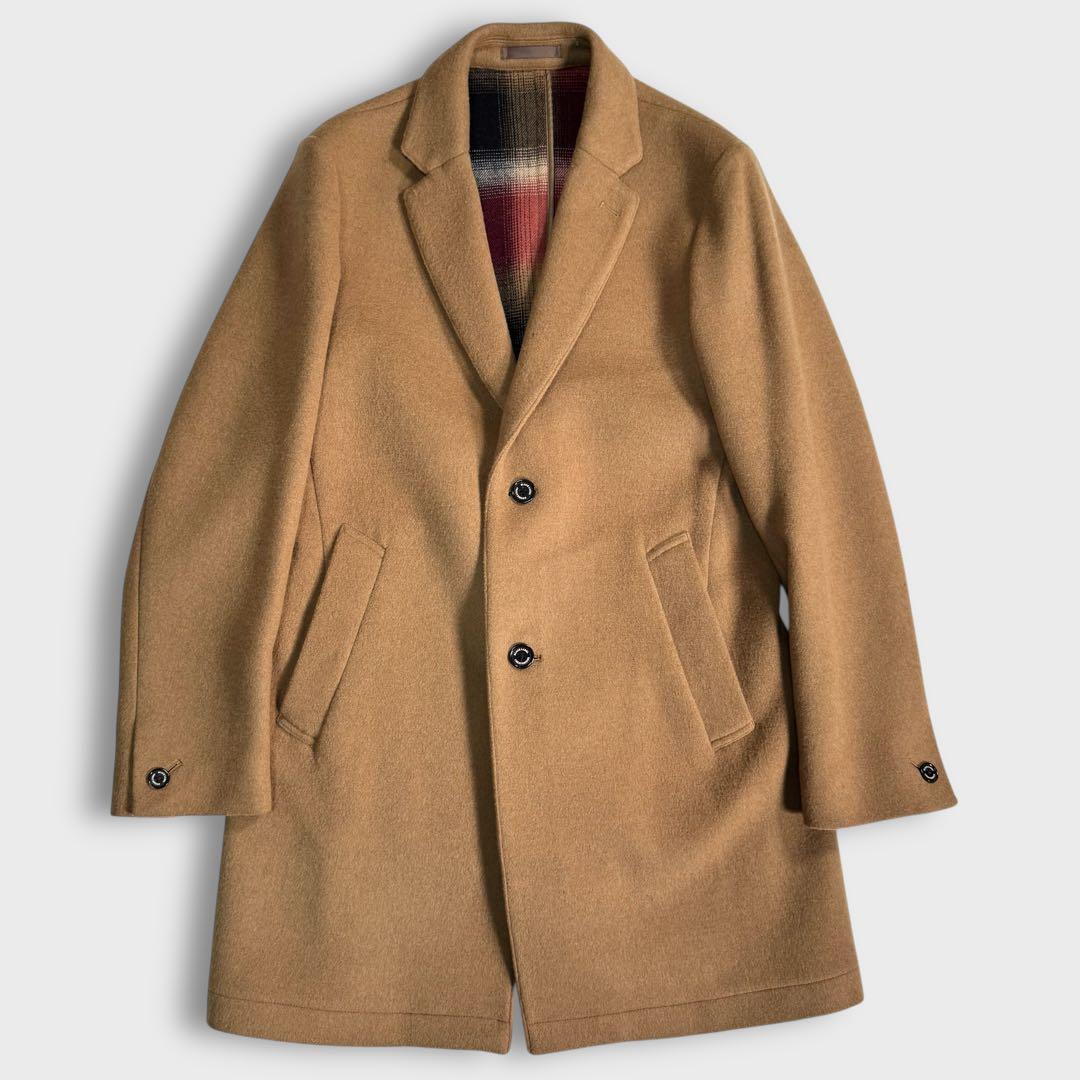 美品 L ブラックレーベルクレストブリッジ チェスターコート キャメル チェック