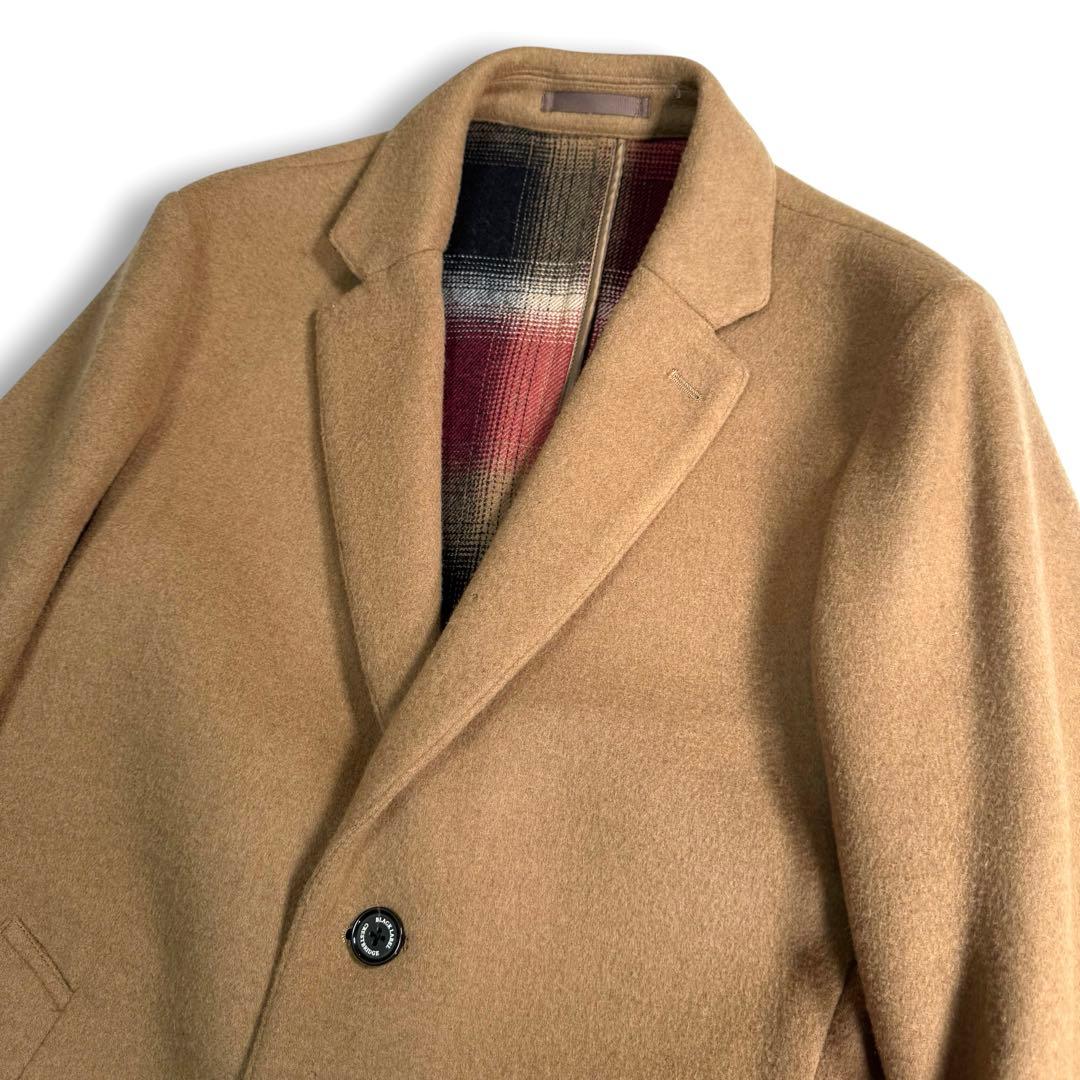 美品 L ブラックレーベルクレストブリッジ チェスターコート キャメル チェック