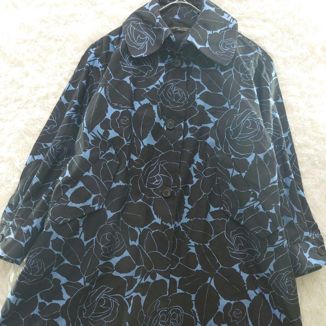 ALBINO TEODORO 黒×ブルー 花柄 イタリア製ステンカラーコート L