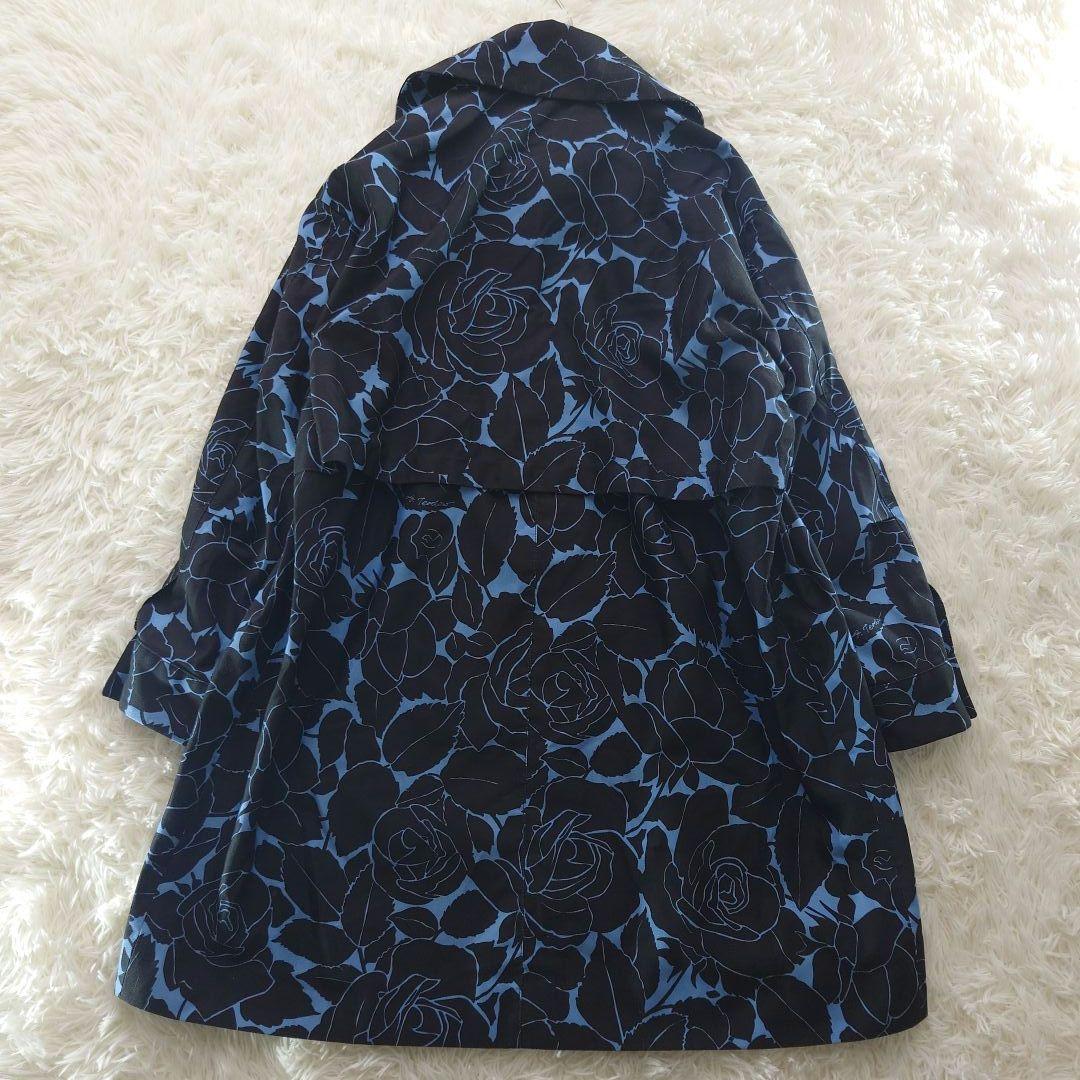 ALBINO TEODORO 黒×ブルー 花柄 イタリア製ステンカラーコート L