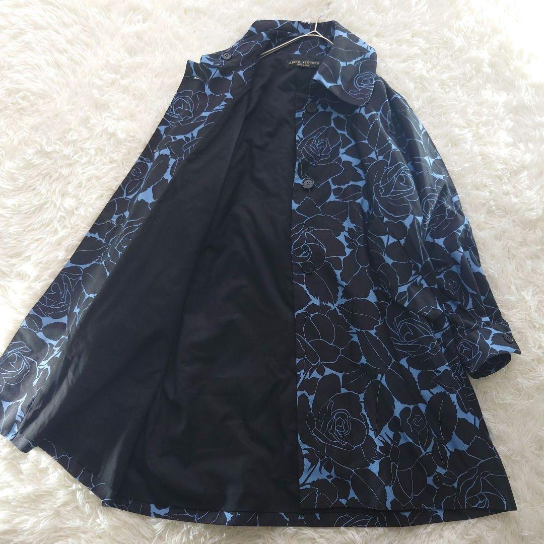 ALBINO TEODORO 黒×ブルー 花柄 イタリア製ステンカラーコート L