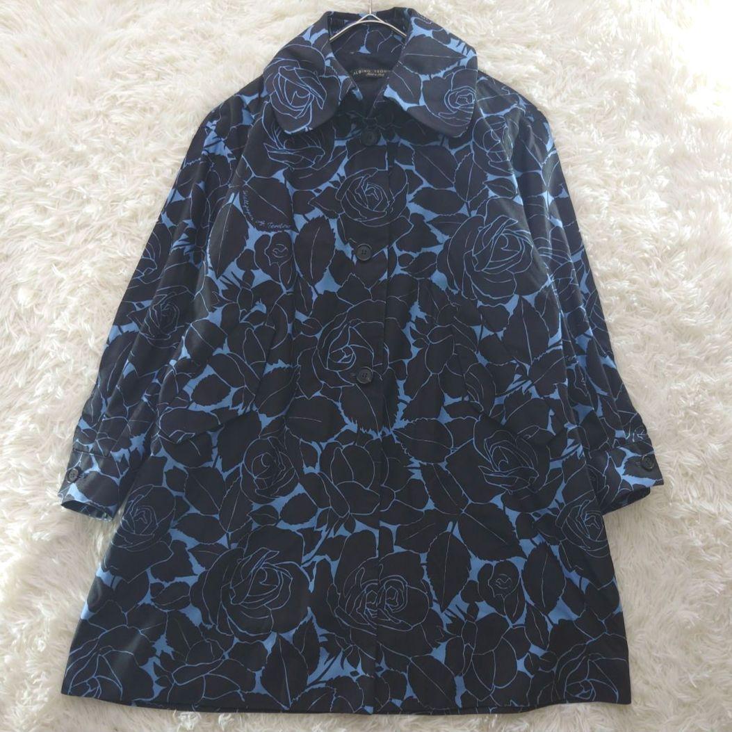 ALBINO TEODORO 黒×ブルー 花柄 イタリア製ステンカラーコート L