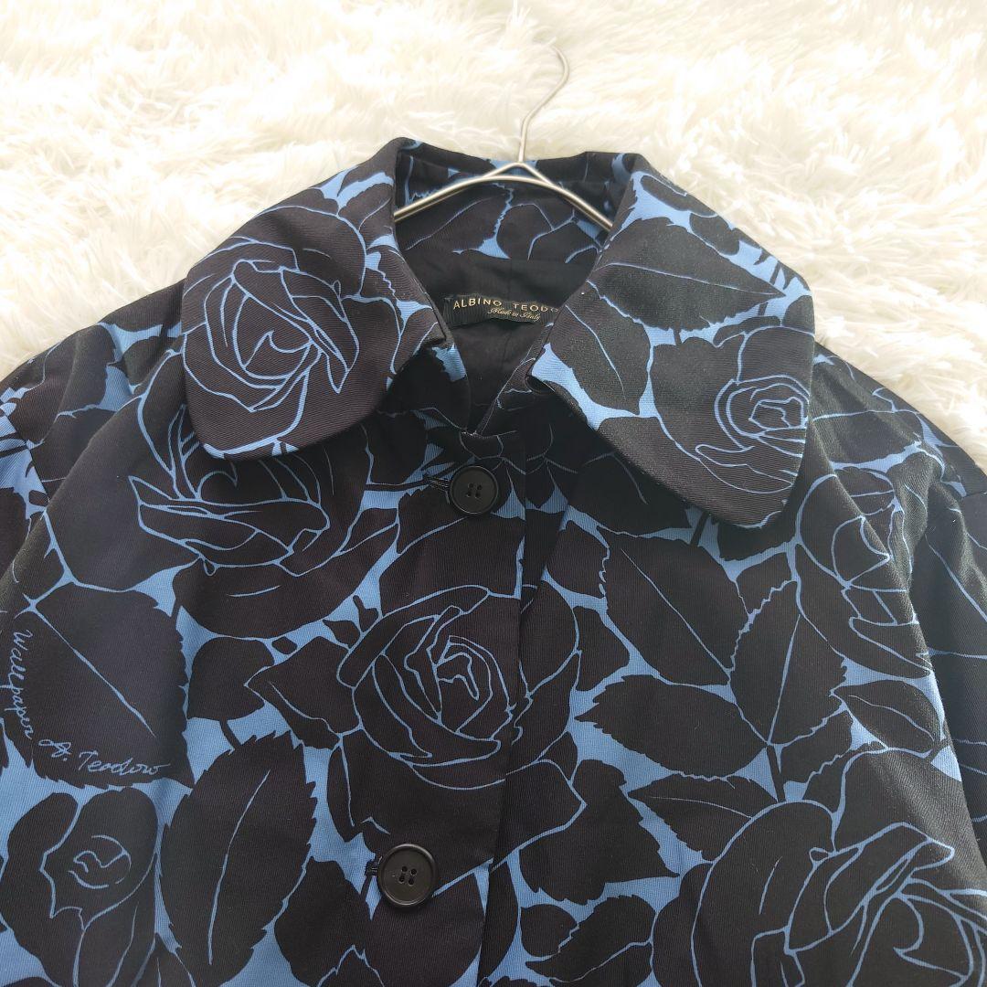 ALBINO TEODORO 黒×ブルー 花柄 イタリア製ステンカラーコート L