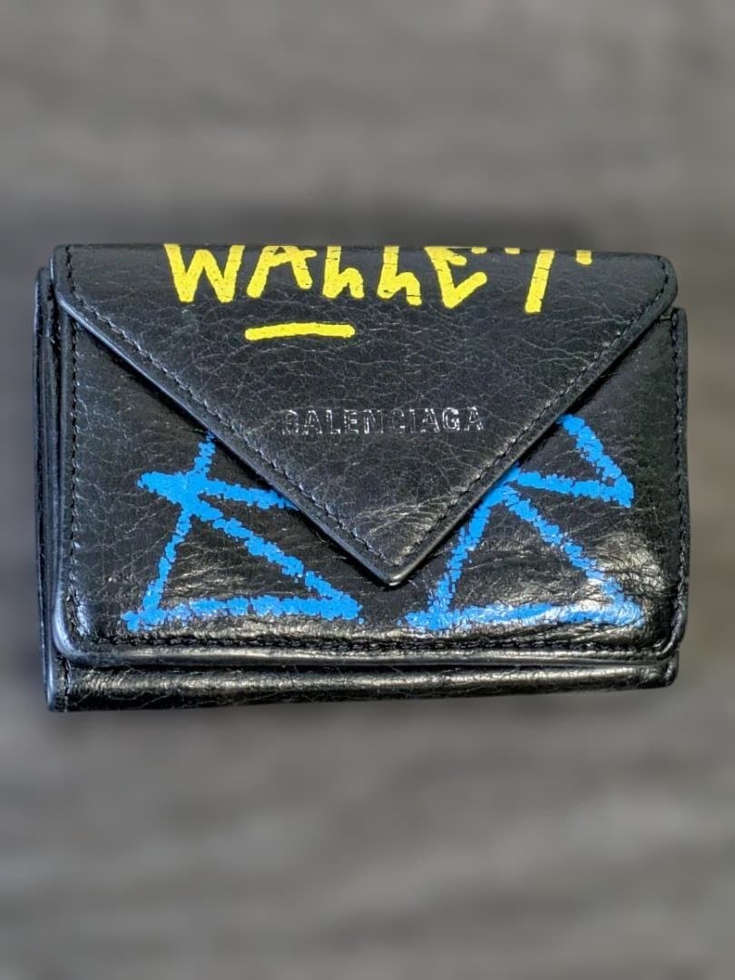 BALENCIAGA ペーパー ミニ ウォレット 三つ折り財布 グラフィティ 黒