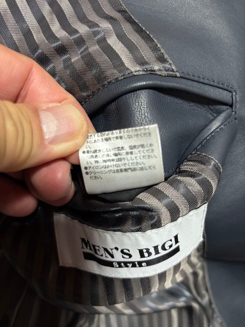men's bigiネイビー レザー テーラードジャケット