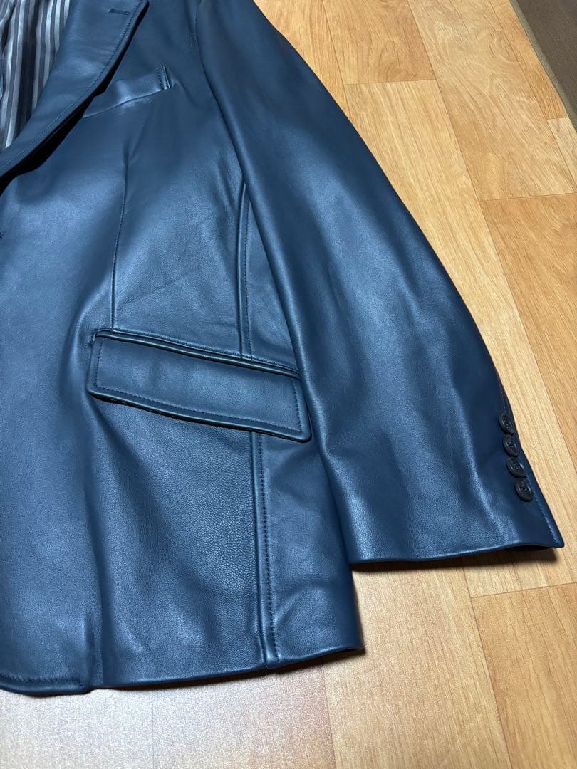 men's bigiネイビー レザー テーラードジャケット